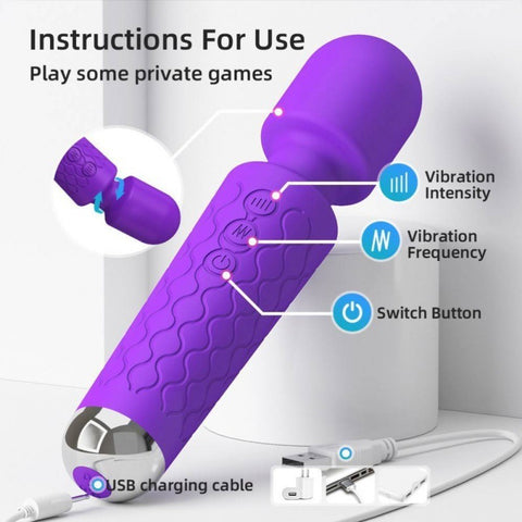 Magic Wand - Vibrator with instructions for use, highlighting vibration intensity, frequency, and charging.