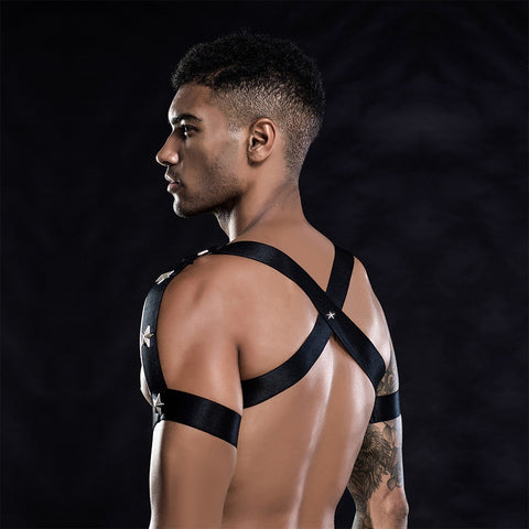 Men's Erotic Leather Lingerie showcasing a model in stylish erotic wear with straps, perfect for enhancing intimacy.