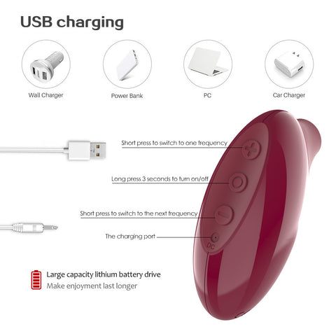 CrimsonWave USB charging guide for compact vibrator with battery info in burgundy color.