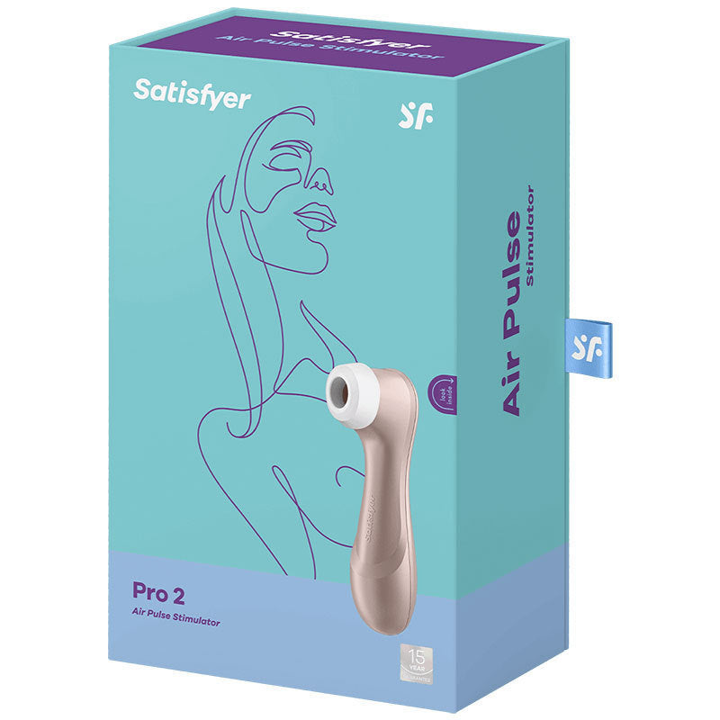 Satisfyer Pro2 air pulse stimulator packaging with illustration and product details.