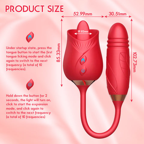 FloraLuxe Tongue vibrator product size and features illustration, showcasing unique design and functionality.