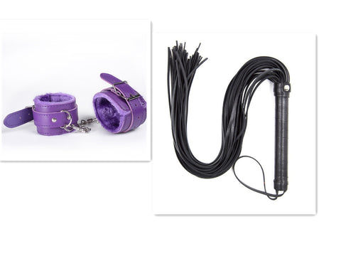 Leather Love Whip and purple restraints for BDSM play, perfect for enhancing adult fantasies and experiences.
