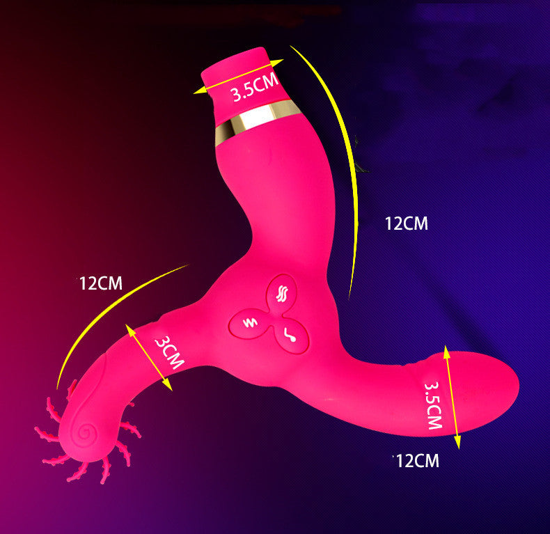 Aisha Three-Head Stick design with three silicone heads in vibrant pink, showcasing its dimensions and controls.