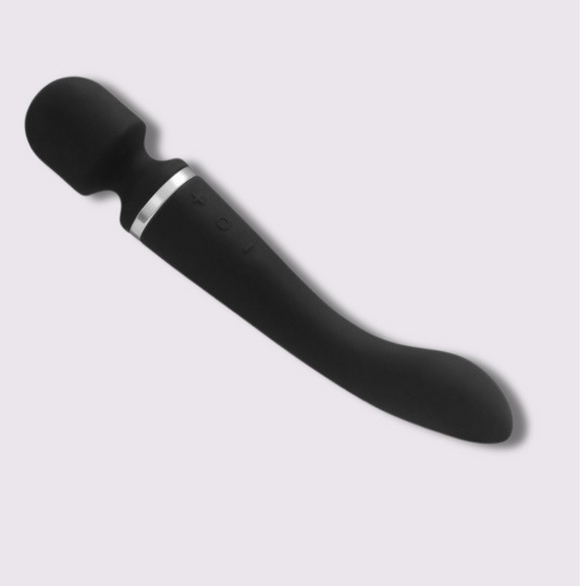 SilkyGlow black silicone vibrator with sleek design and easy control buttons for discreet pleasure.