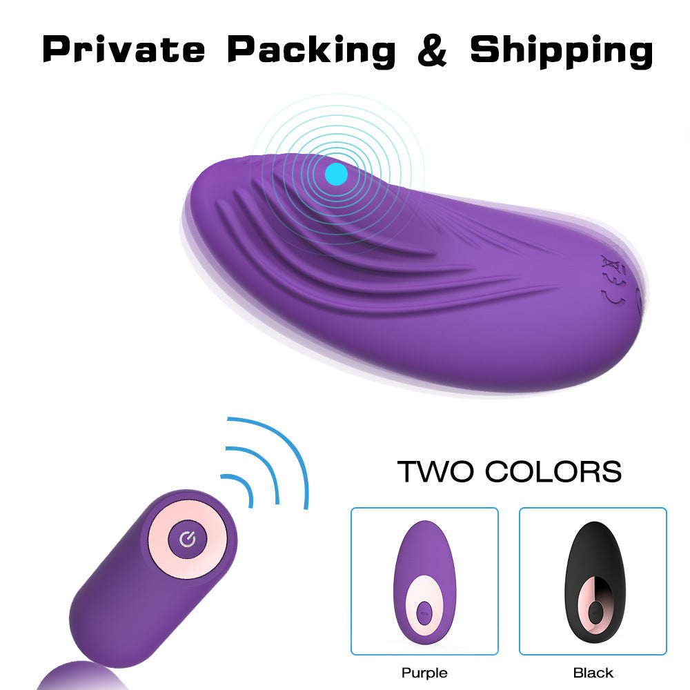 Female Wearable Vibrator in purple and black with private packing and shipping details.