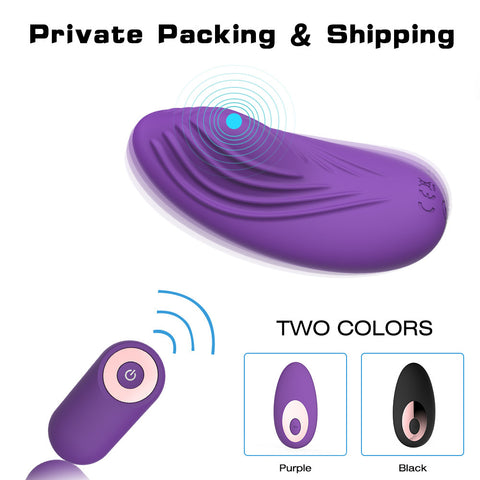 Female Wearable Vibrator in purple and black with private packing and shipping details.