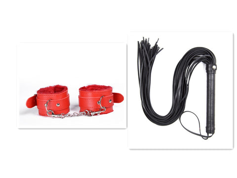 Leather Love Whip alongside red cuffs for BDSM play, perfect for enhancing sensual experiences.