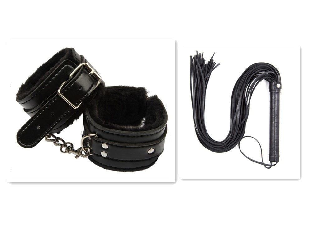 Leather Love Whip and cuffs for sensual BDSM play, perfect for enhancing adult relationships with toys.