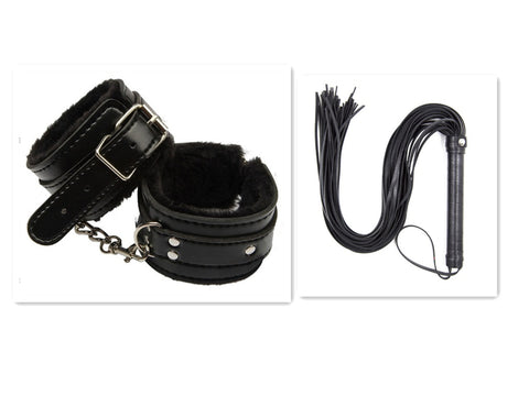 Leather Love Whip and cuffs for sensual BDSM play, perfect for enhancing adult relationships with toys.