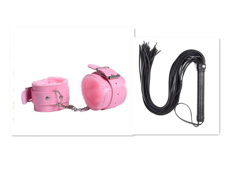 Leather Love Whip with pink cuffs, ideal for playful BDSM adventures and enhancing intimate connections.