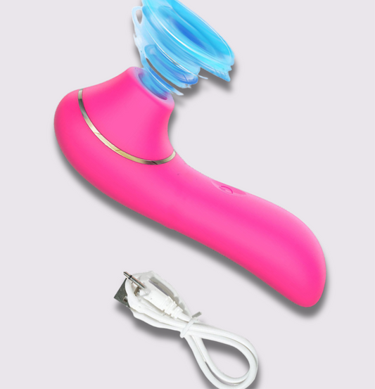 Dual Pleasure Massager in pink with USB charging cable and removable cap for versatile use.