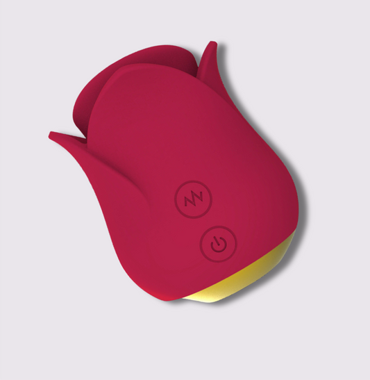 Bite Tongue Licking Rose Vibrator in red, featuring sensual design and stimulation functions.