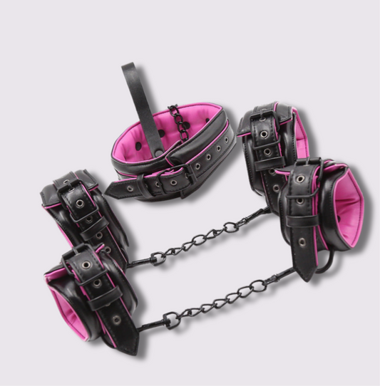 Leather Handcuffed Set with adjustable cuffs and chains, perfect for BDSM play and intimate experiences.