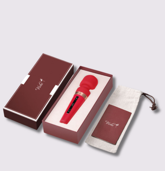 Velura Wand in red packaging, a powerful vibrator for deep relaxation and pleasure, with elegant design.