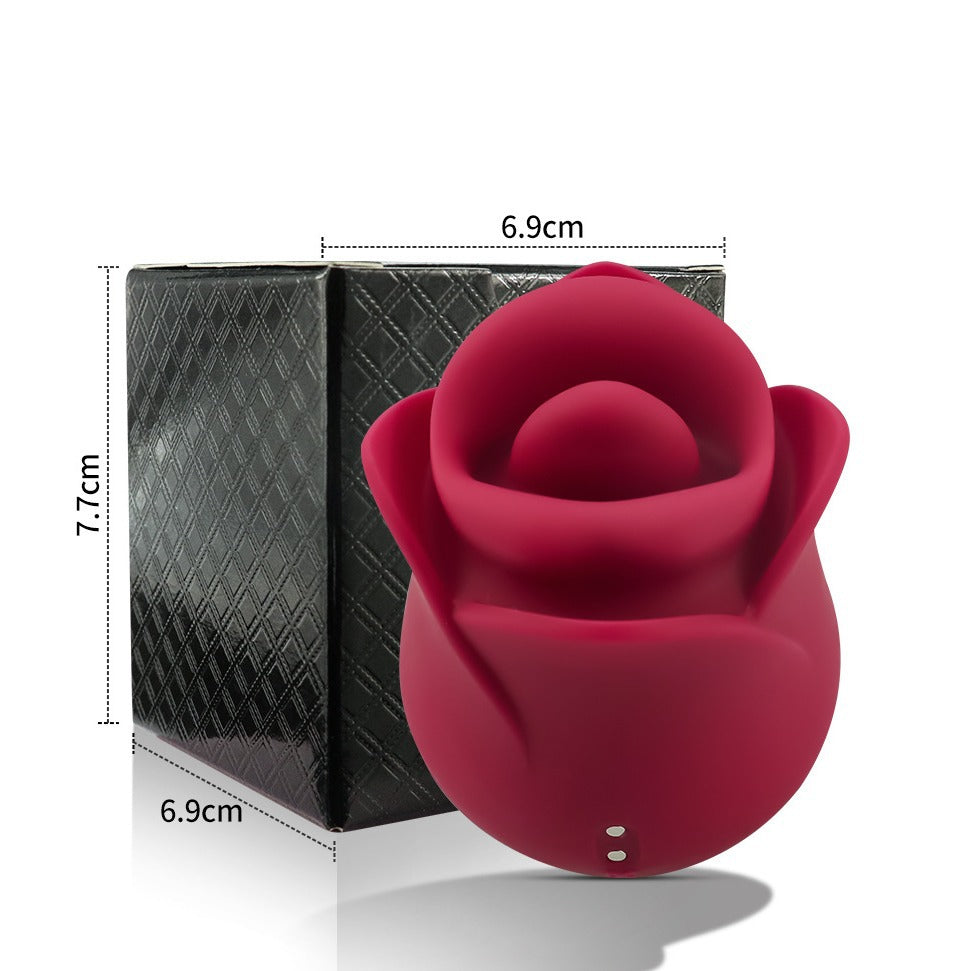 Bite Tongue Licking Rose Vibrator against a black box, featuring a sensual rose design and compact size.