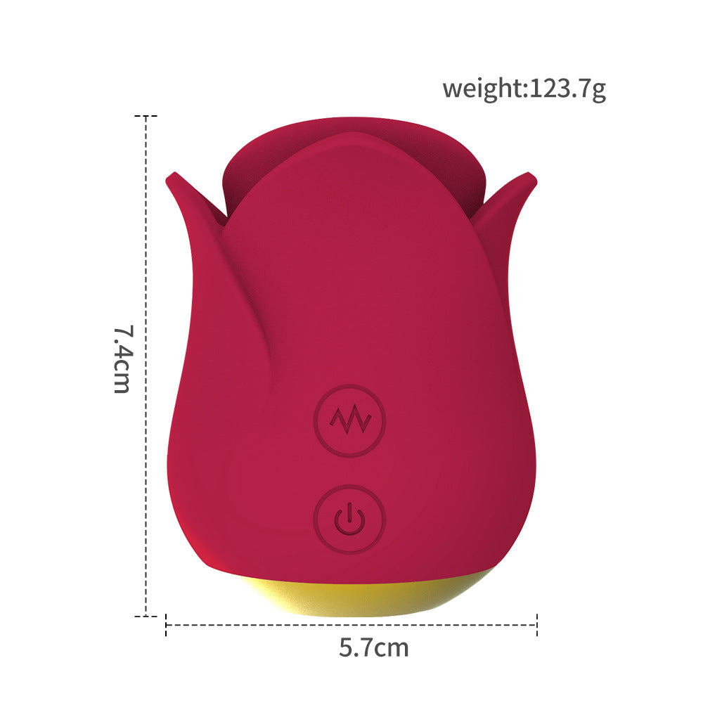 Bite Tongue Licking Rose Vibrator - Rød vibrator designet som en rose med mål og vekt.