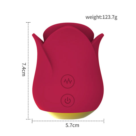 Bite Tongue Licking Rose Vibrator - Rød vibrator designet som en rose med mål og vekt.