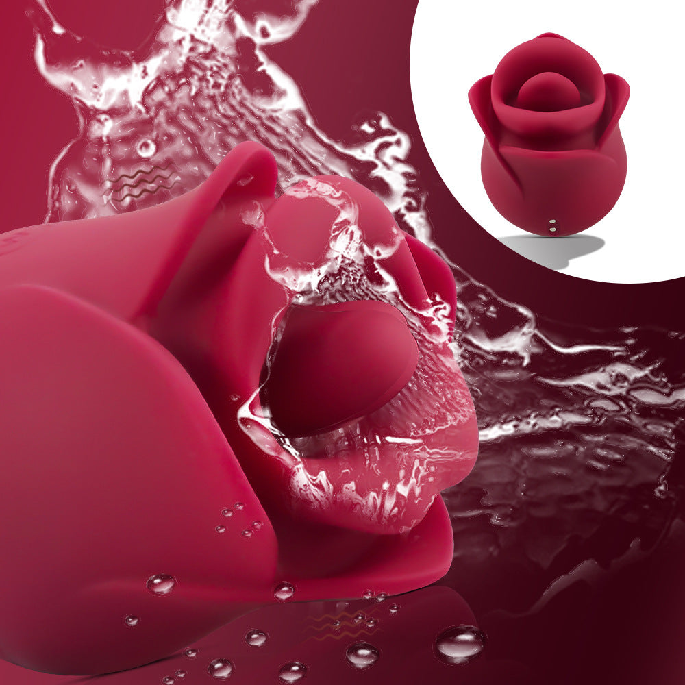 Bite Tongue Licking Rose Vibrator with waterproof design and vibrant rose petals, perfect for sensual play.