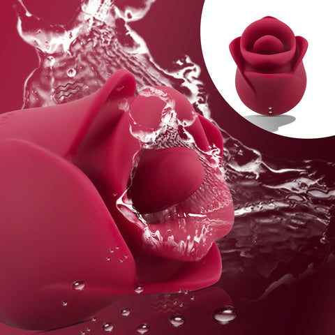 Bite Tongue Licking Rose Vibrator with waterproof design and vibrant rose petals, perfect for sensual play.