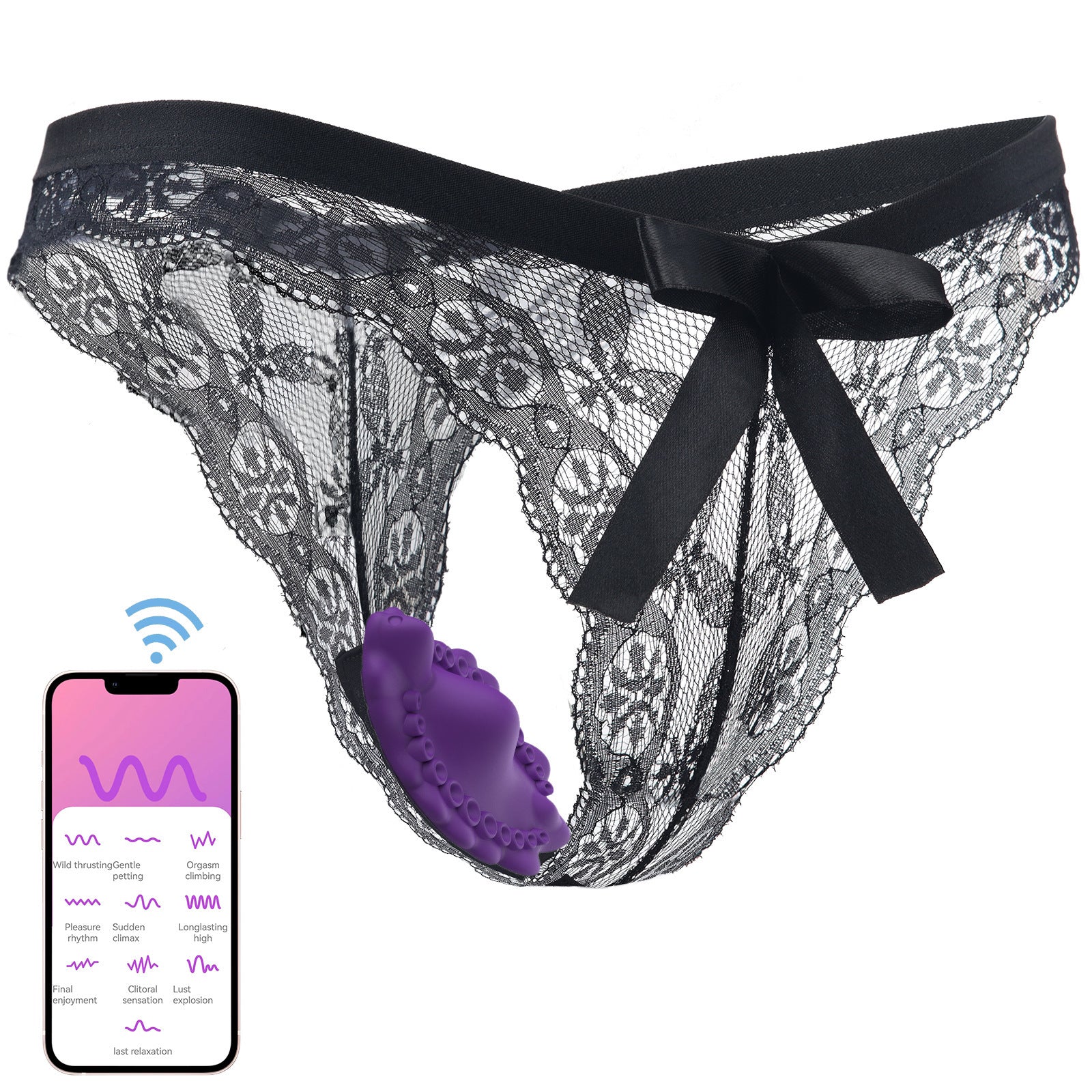 APP-Styrt Vibrerende Undertøy – Elegant svart lace undertøy med vibrerende funksjon og fjernkontroll