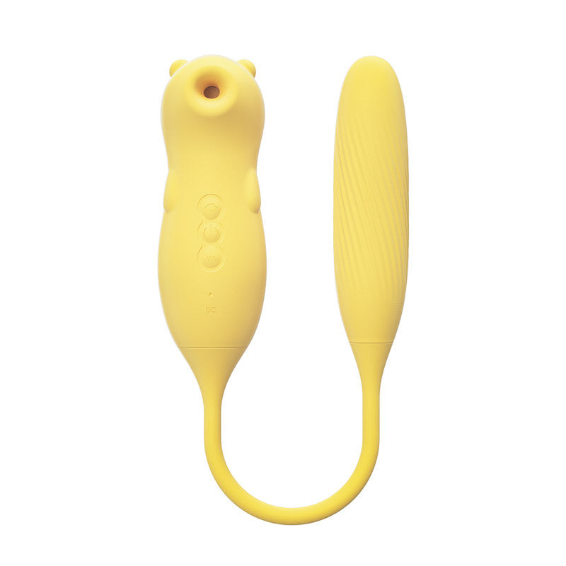 VibraLuxe Duo – 2-i-1 Massasjestav med Vibrasjon og Puls i gul silikon.